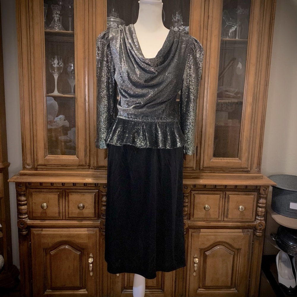 80s Silver/Black, Peplum, Puff Shoulder Dress, S